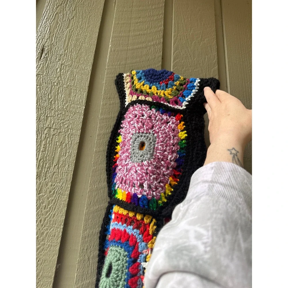 Vintage Handmade Crochet Hooded Scarf Granny Square Multi-Color Boho One Size